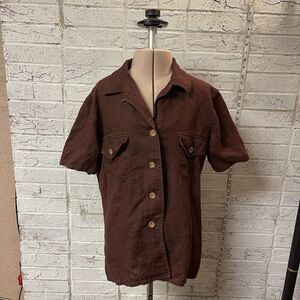 Linen Hemp Blend Button Down Short Sleeve Shirt Brown 10